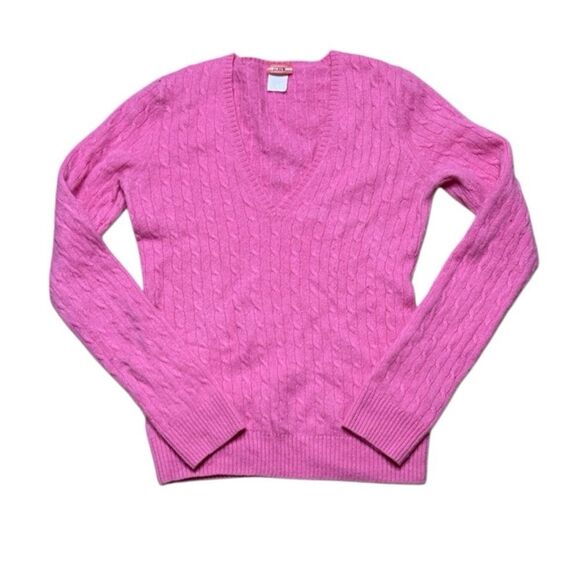 Y2K Vintage J Crew Pink Cable Knit Vneck Cashmere Sweater Small - Picture 1 of 5